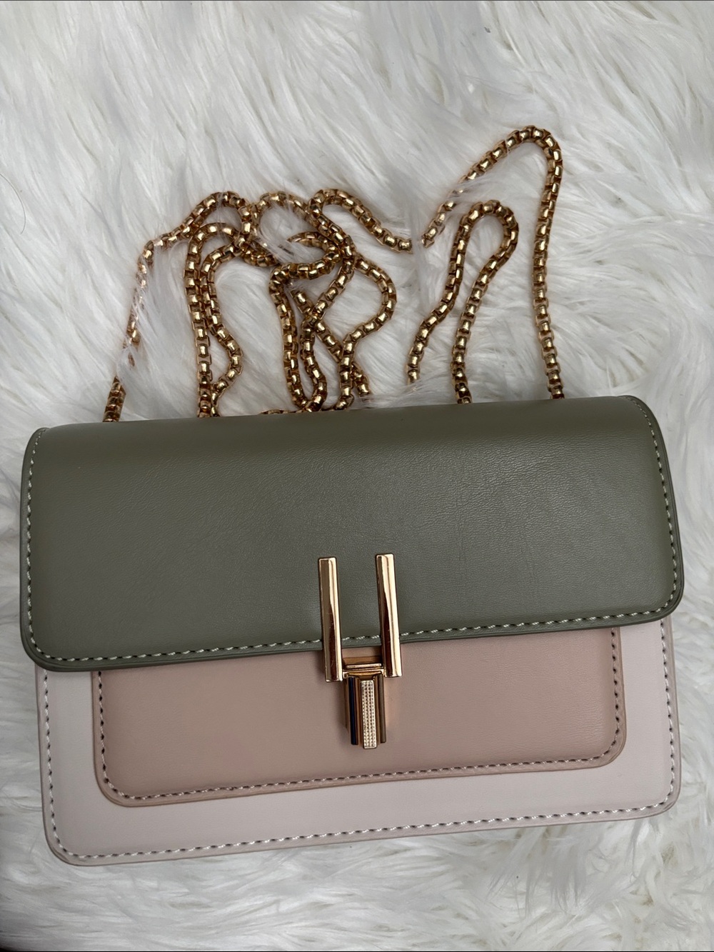 Source Unknown Olive Green & Beige Chain Crossbody Bag